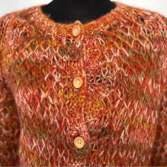VTG 60s Sears Mary Lewis Cardigan Sweater Orange Green Space dye Wood Buttons M - Picture 3 of 9
